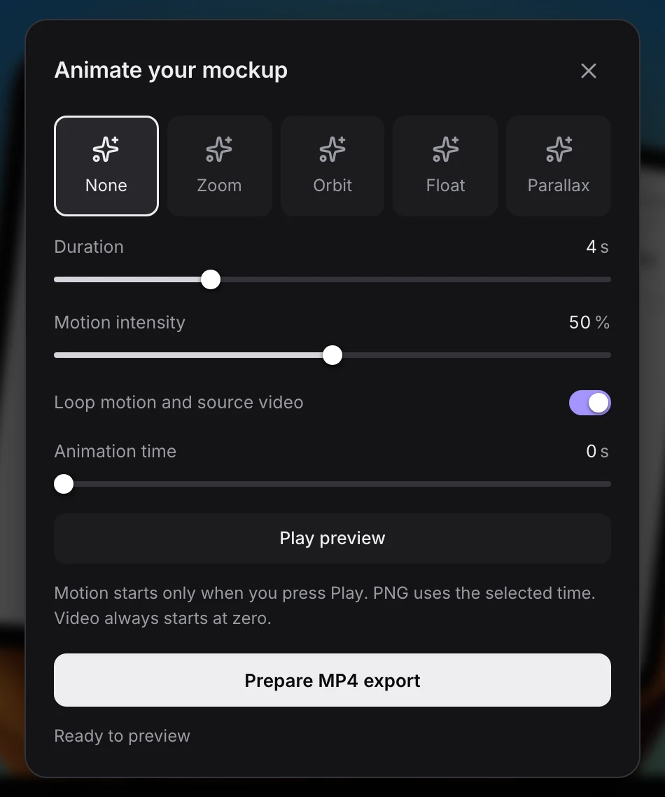 The Animate panel with Zoom, Orbit, Float and Parallax presets and a Prepare MP4 export button.