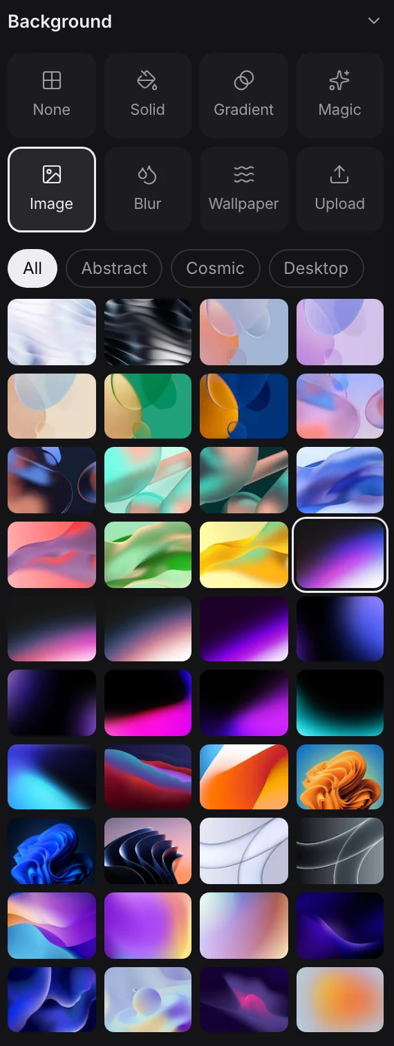 The background panel with a grid of abstract, cosmic and desktop wallpapers.