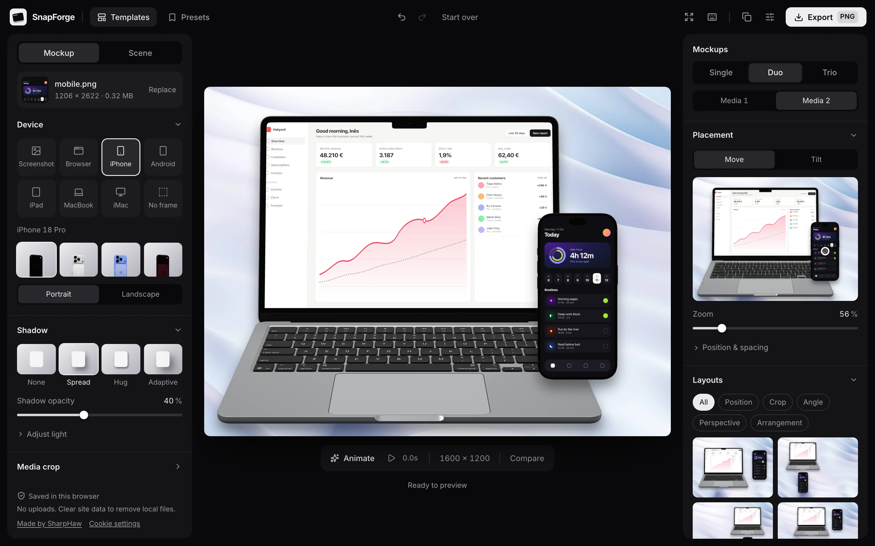 The SnapForge editor: a MacBook and iPhone mockup on a soft blue backdrop, with device, shadow and layout controls on either side.