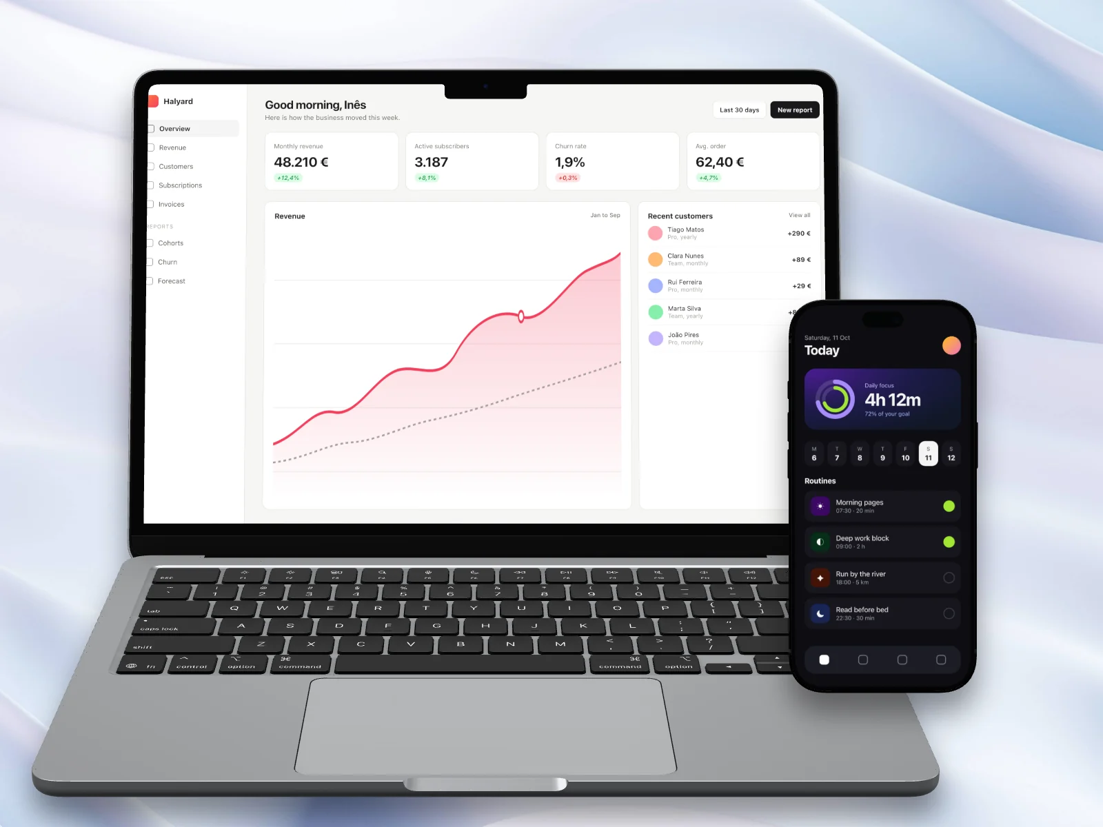 A dashboard on a silver MacBook and a habit app on an iPhone, exported from SnapForge.
