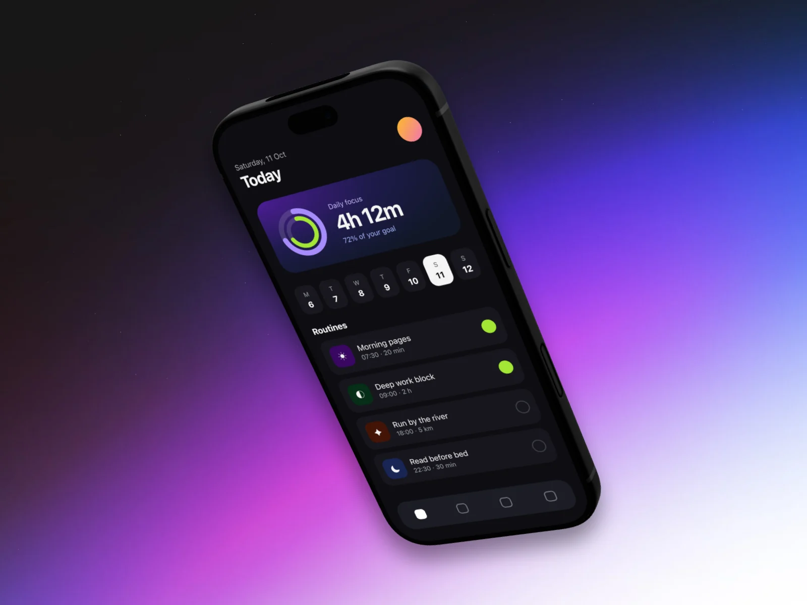 An iPhone tilted at an isometric angle over a purple glow.