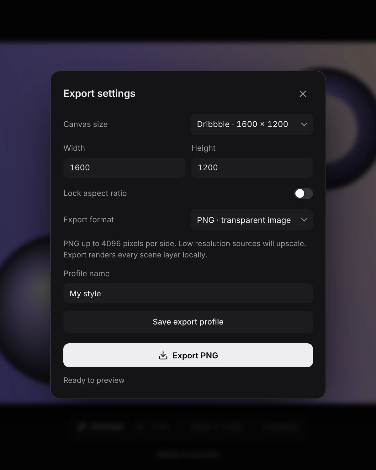 The export settings dialog with canvas size presets, width and height fields and a PNG export button.