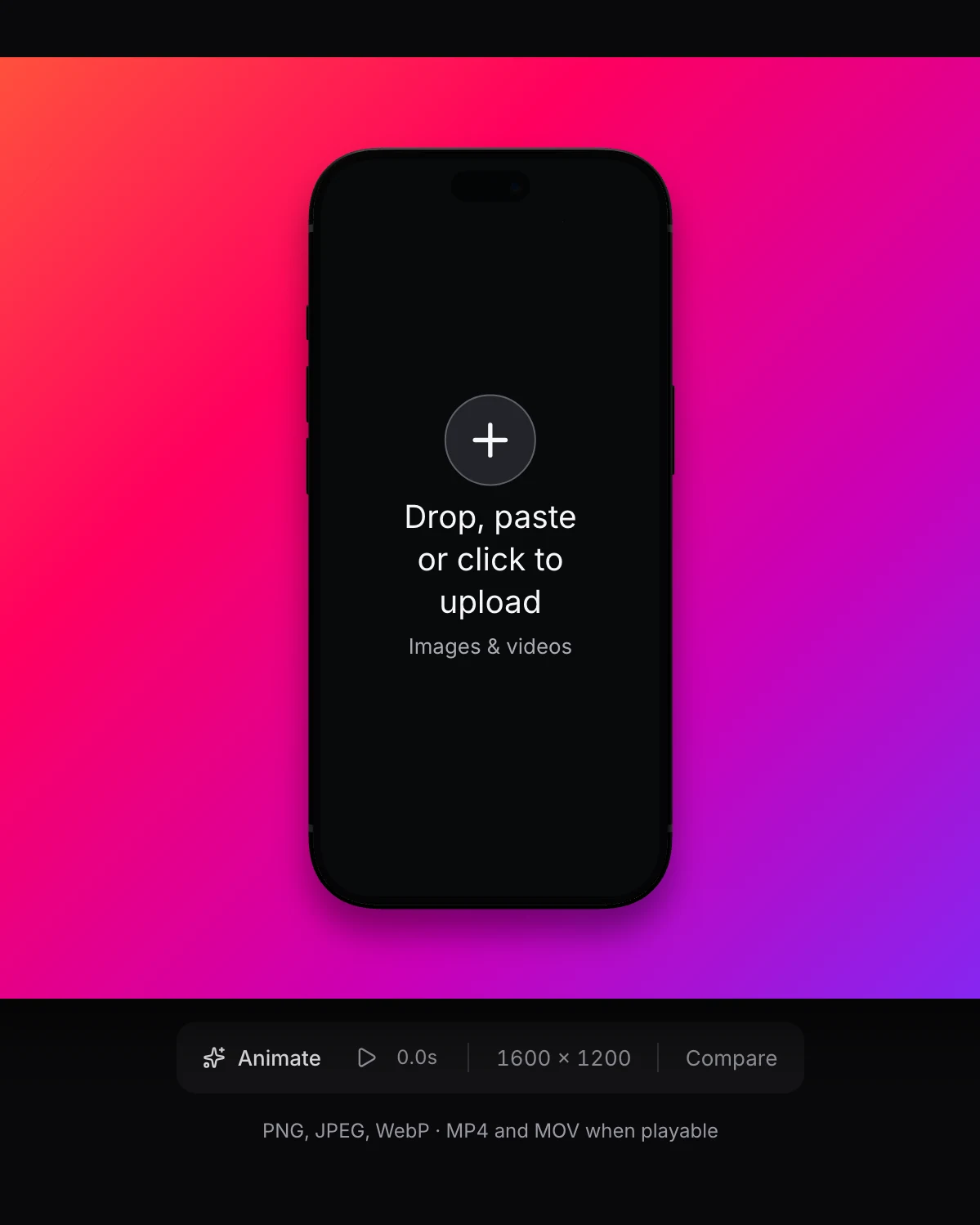An empty iPhone frame on a pink gradient, waiting for an image or video to be dropped in.