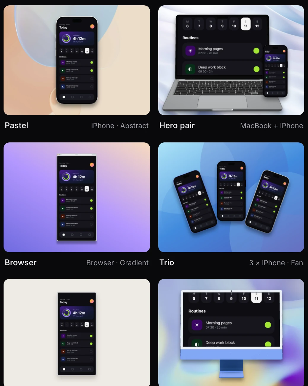 The SnapForge template drawer showing Pastel, Hero pair, Browser, Trio, Paper and Studio previews.